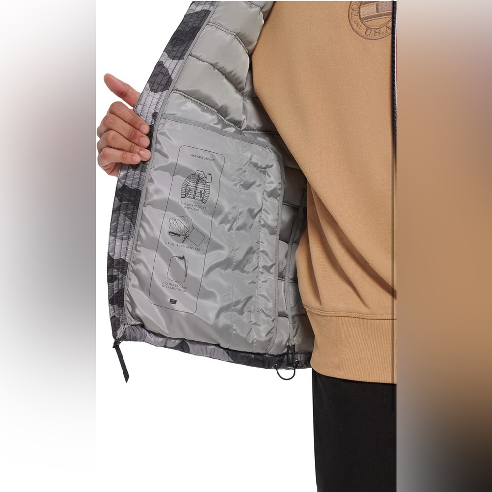 Tommy Hilfiger Men's Lightweight Packable Puffer Jacket Grey Camouflage 2XLT - Picture 6 of 12